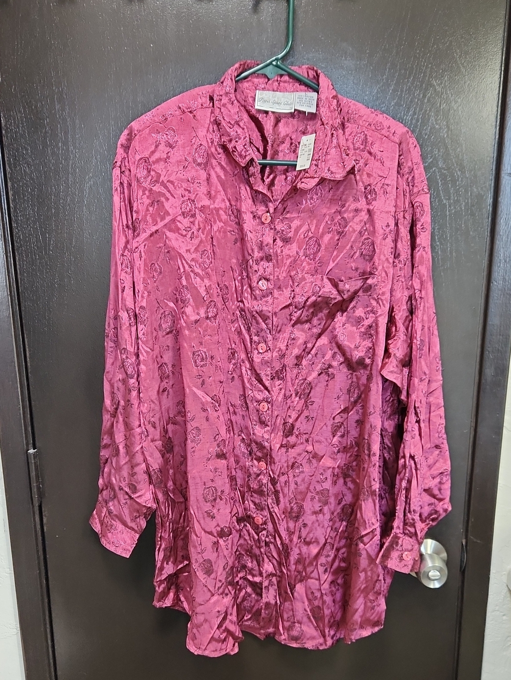 Vintage Deep Pink Satin Floral Button-Down Shirt With Removable Shoulder Pads